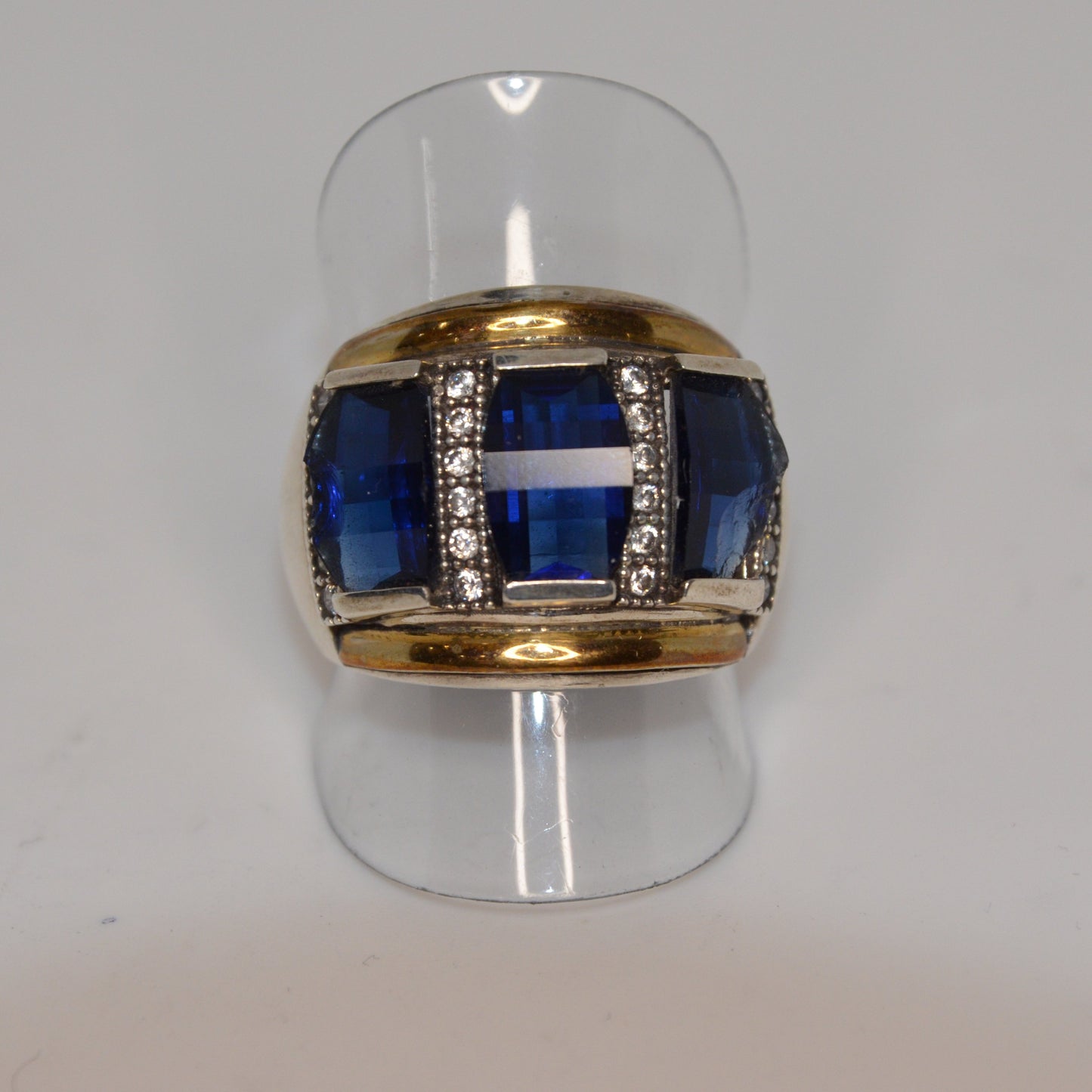 Triple Blue Square Cocktail Ring Gold-Silver