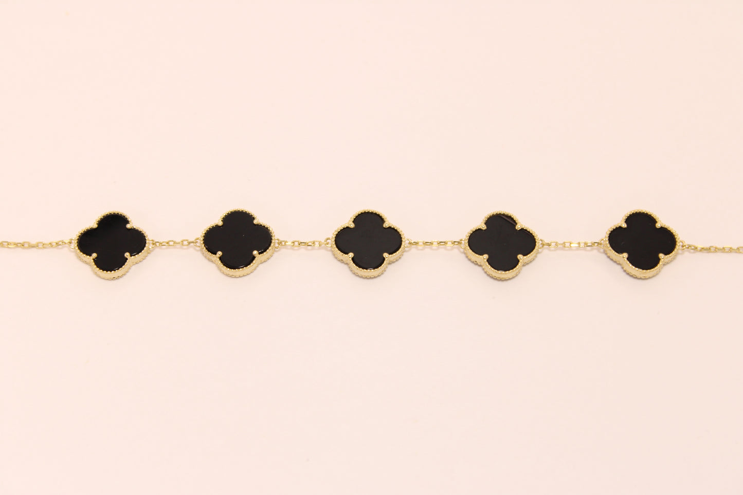14K Italian Gold Clover Bracelet with Black Stone – Elegance, Strength, and Good Fortune