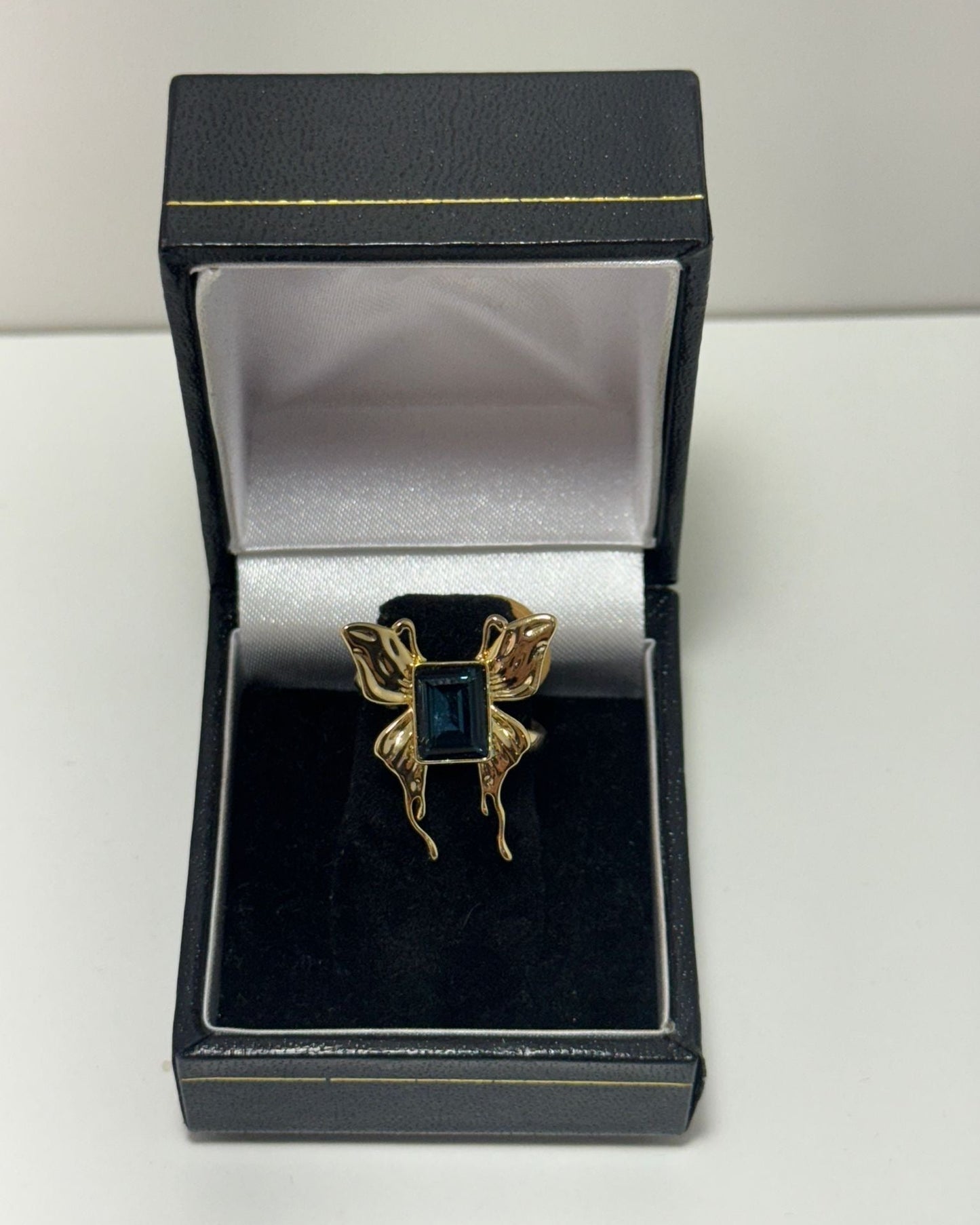 Adjustable Butterfly Ring with Blue Crystal Stone Gold Plated