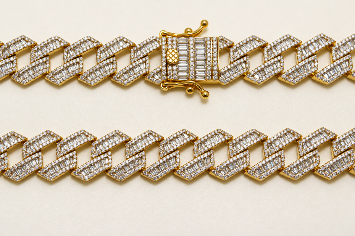 14mm Gold-Tone 925 Sterling Silver Iced Cuban Link Chain – 24"