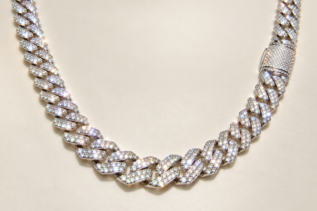 925 Sterling Silver Moissanite 26.03ct  Cuban Link Chain – 12mm, 22"