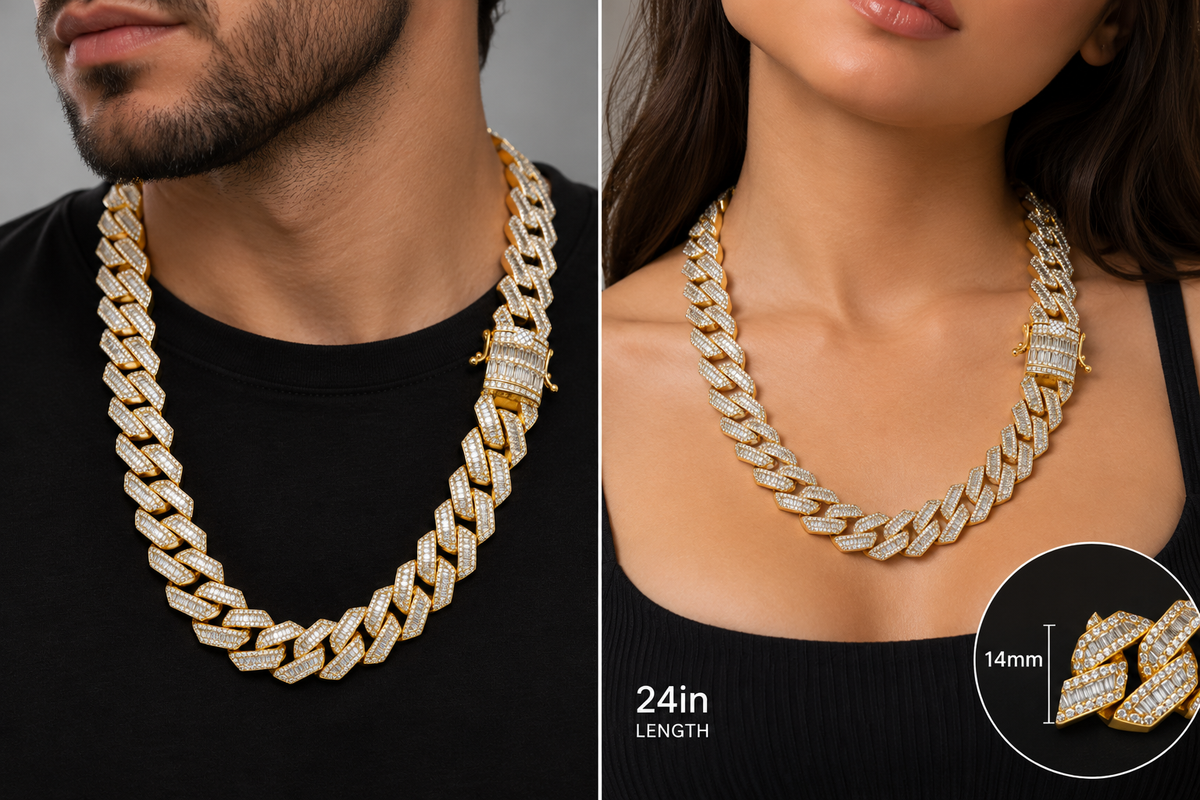 14mm Gold-Tone 925 Sterling Silver Iced Cuban Link Chain – 24"