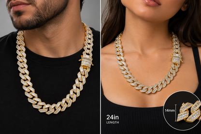 14mm Gold-Tone 925 Sterling Silver Iced Cuban Link Chain – 24"