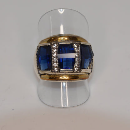Triple Blue Square Cocktail Ring Gold-Silver
