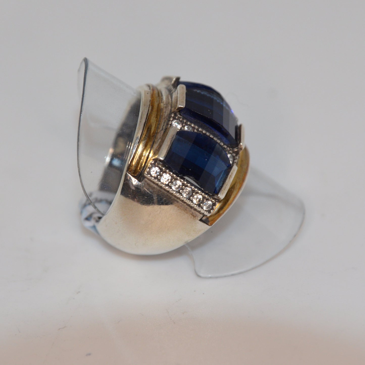 Triple Blue Square Cocktail Ring Gold-Silver