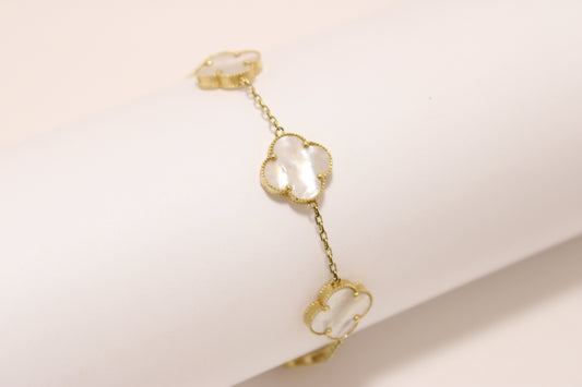 14K Italian Gold Clover Bracelet with Iridescent Stone – A Touch of Magic, Luck, and Elegant Charm