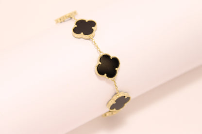 14K Italian Gold Clover Bracelet with Black Stone – Elegance, Strength, and Good Fortune