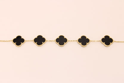 14K Italian Gold Clover Bracelet with Black Stone – Elegance, Strength, and Good Fortune