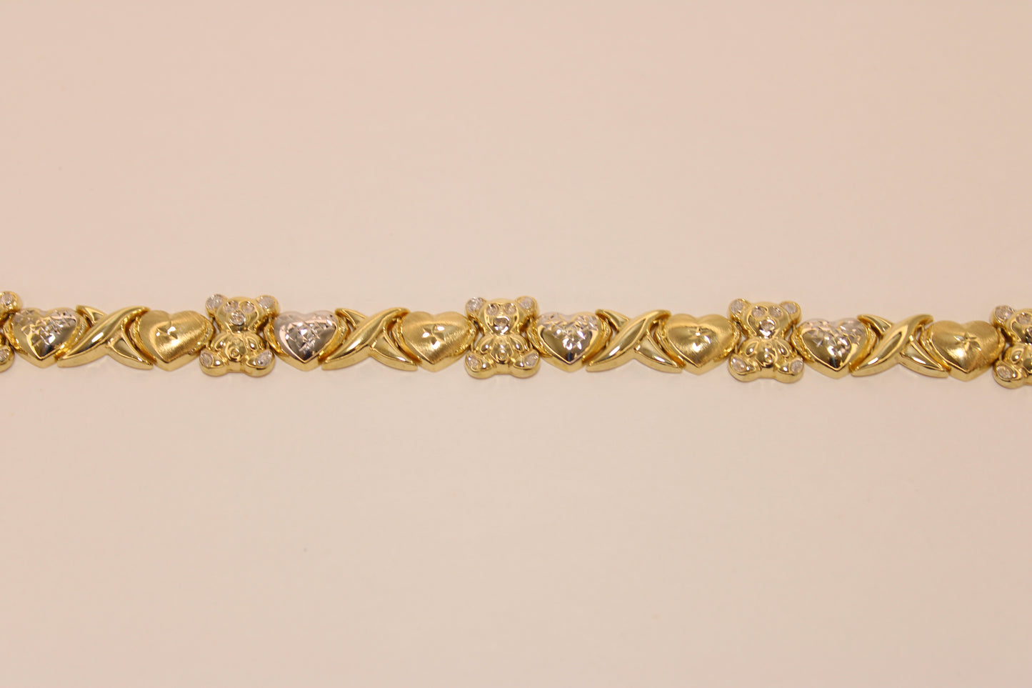 10K White & Yellow Gold Teddy Bear and Heart Bracelet – Sweetness, Love, and Shine in Every Detail