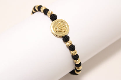 Adjustable 18K Gold Beaded Bracelet with Crown Plate
