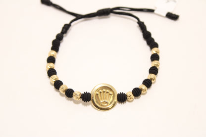 Adjustable 18K Gold Beaded Bracelet with Crown Plate