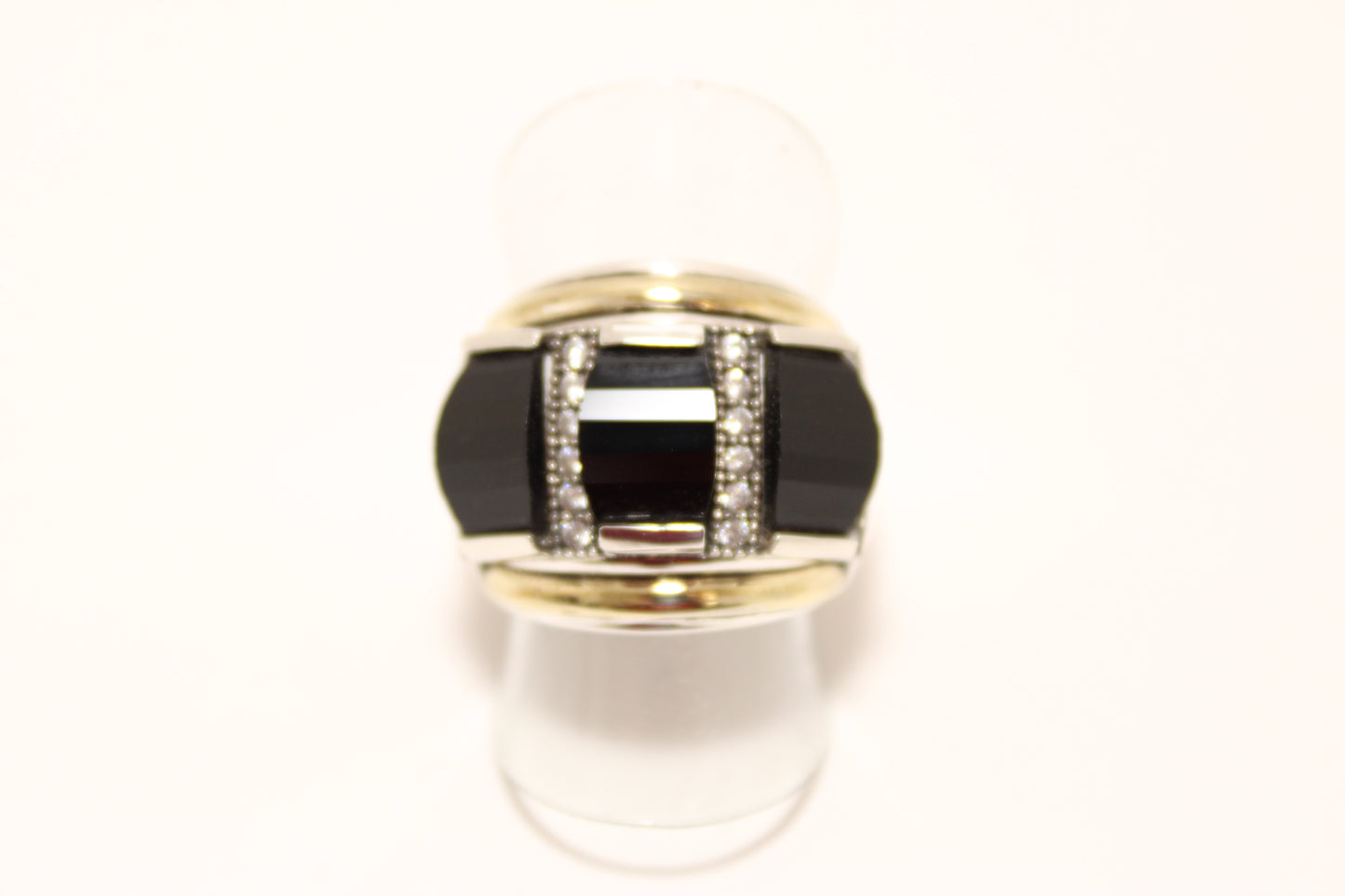 Silver 925 Ring with Gold Inlays and Black Stone Trilogy