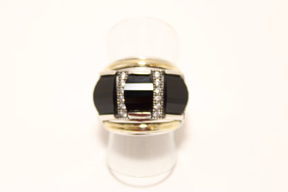 Silver 925 Ring with Gold Inlays and Black Stone Trilogy