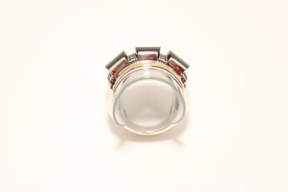 Silver 925 Ring with Gold Inlays and Black Stone Trilogy