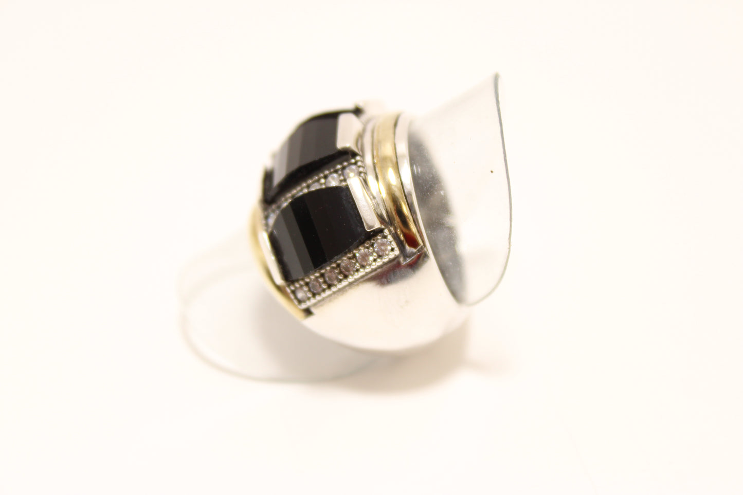 Silver 925 Ring with Gold Inlays and Black Stone Trilogy