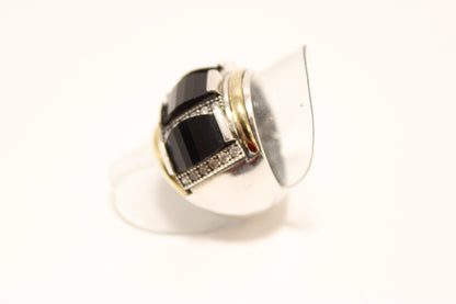 Silver 925 Ring with Gold Inlays and Black Stone Trilogy