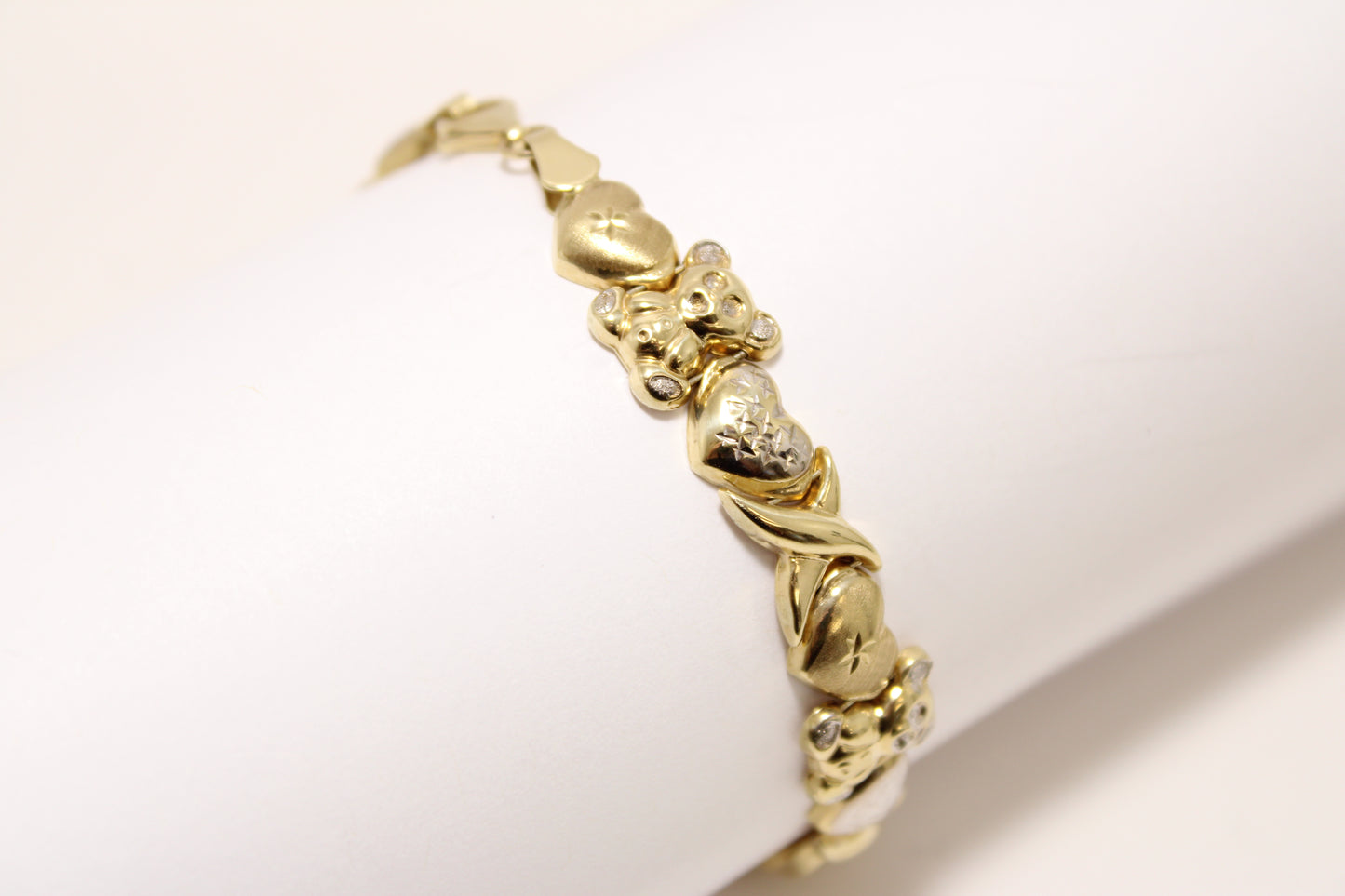 10K Two-Tone Teddy Bear Bracelet in White and Yellow Gold