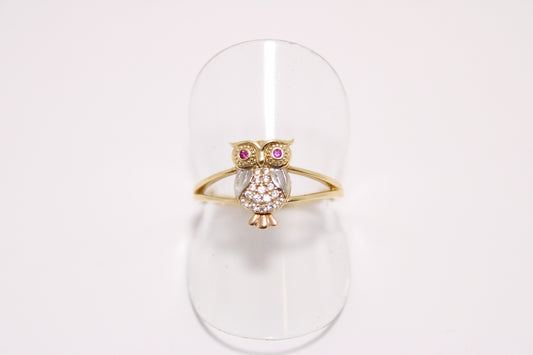 14K Gold Owl Ring with Zircon Stones