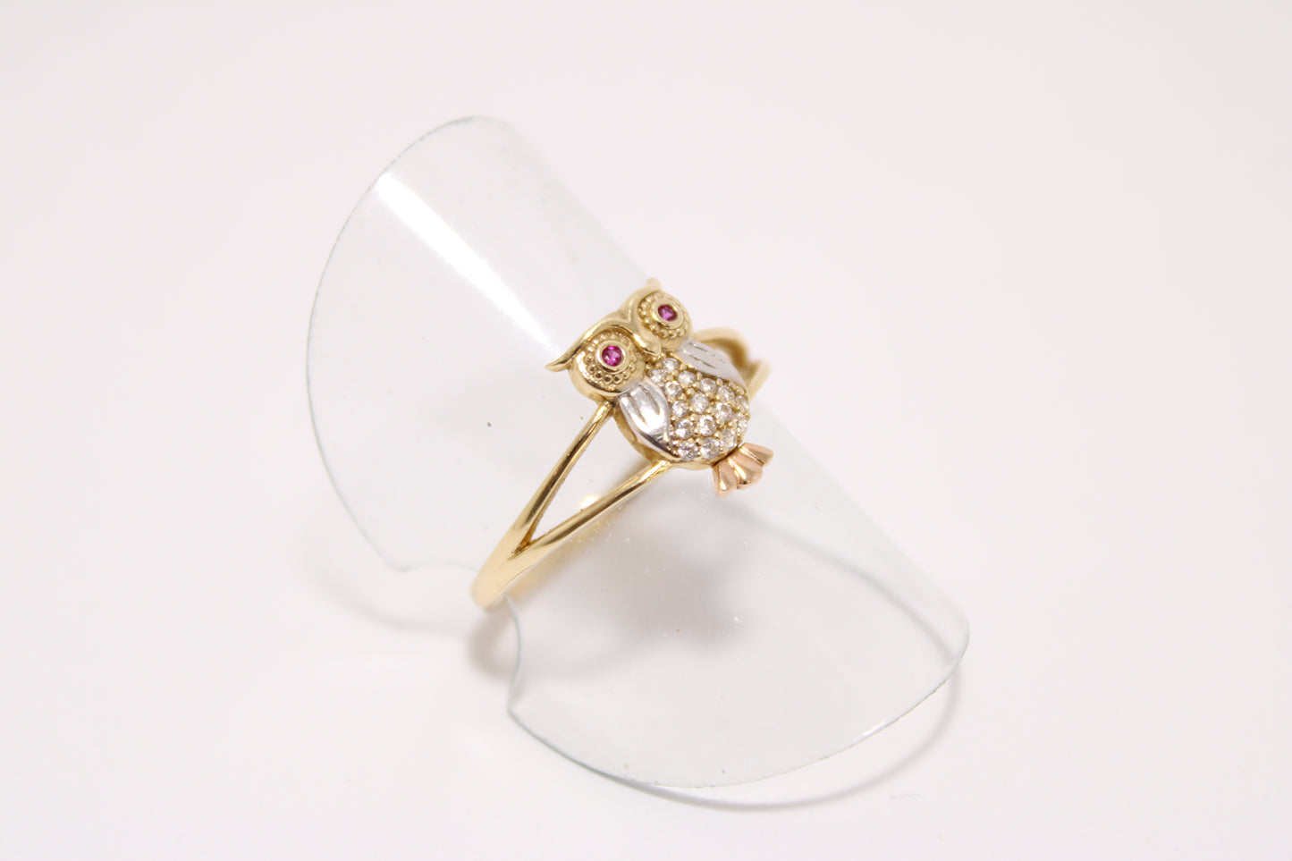 14K Gold Owl Ring with Zircon Stones