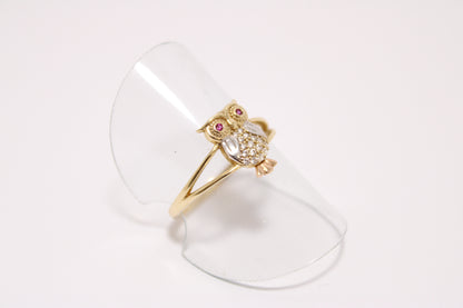 14K Gold Owl Ring with Zircon Stones