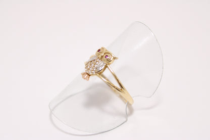 14K Gold Owl Ring with Zircon Stones