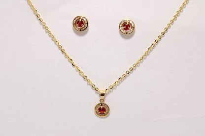 18K Gold Red Zircon Jewelry Set – Pendant, Earrings & Chain