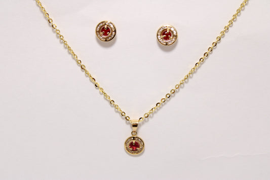 18K Gold Red Zircon Jewelry Set – Pendant, Earrings & Chain