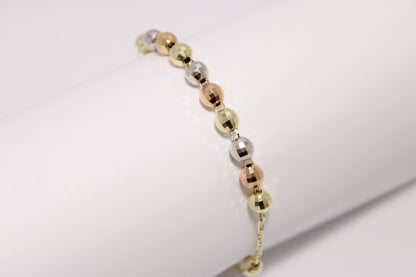 14K Tri-Color Gold Beaded Bracelet – 7.5” Elegant Shine