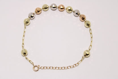 14K Tri-Color Gold Beaded Bracelet – 7.5” Elegant Shine
