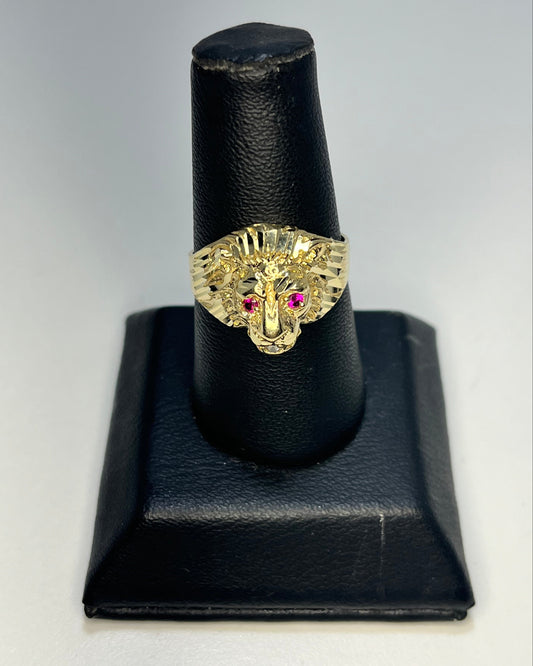 Cabeza León Ojos Rosa Anillo de Hombre Oro 14K