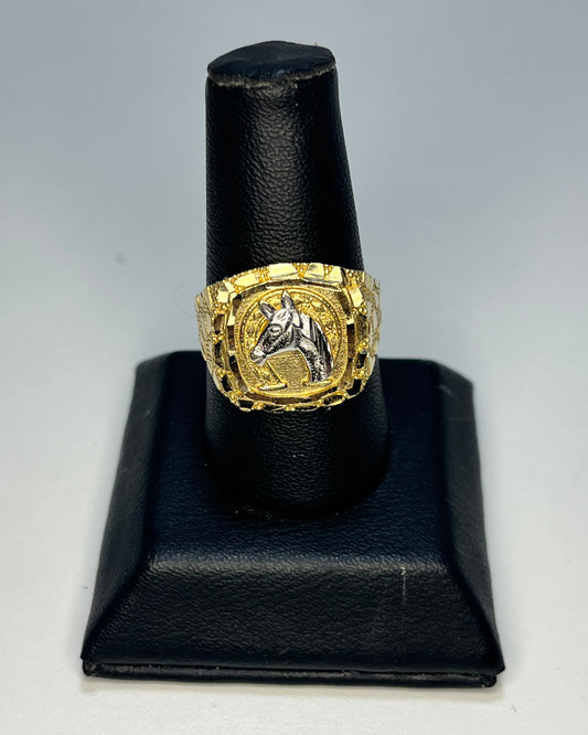 Caballo Medallón Nugget Dos Tonos Anillo de Hombre Oro 14K