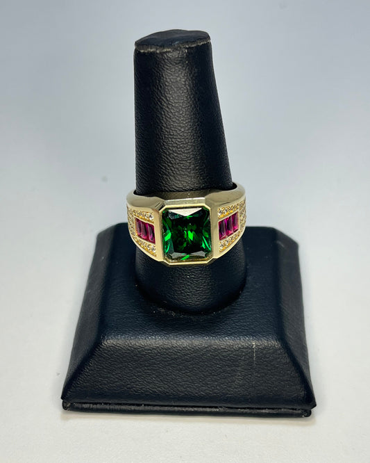 Green Zircon Square Men's Ring 14K Gold