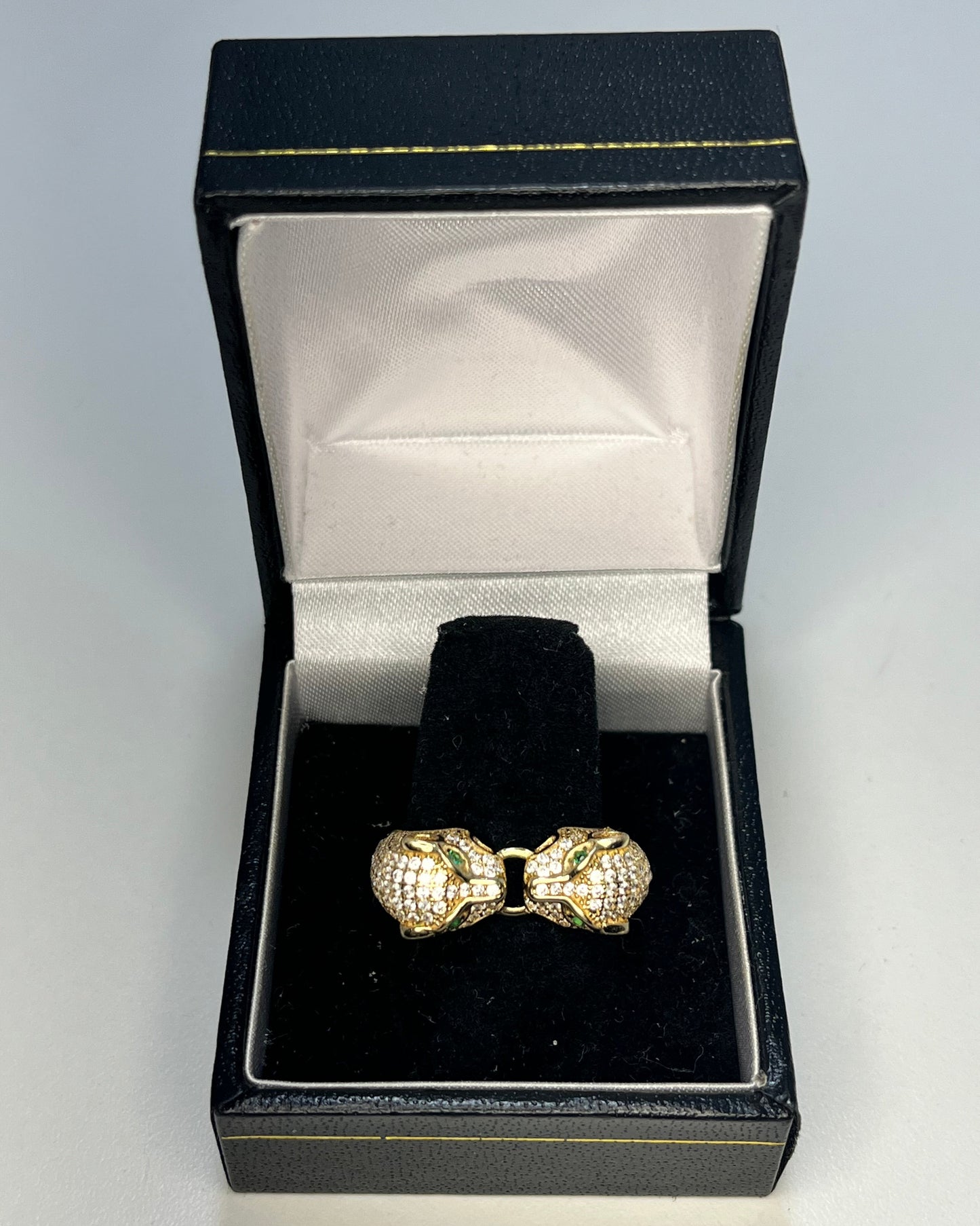 Double Panther Green Eyes Ring 14K Gold