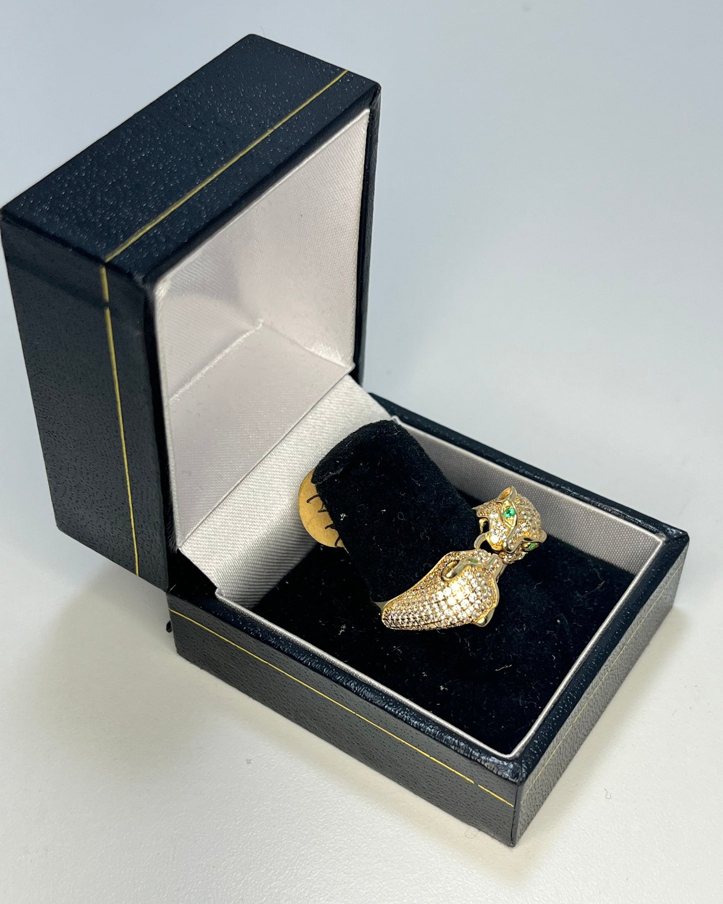 Double Panther Green Eyes Ring 14K Gold