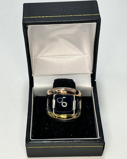 Anillo Cóctel Cristal Azul Oscuro Banda Dos Tonos Oro-Plata