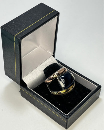 Anillo Cóctel Cristal Azul Oscuro Banda Dos Tonos Oro-Plata