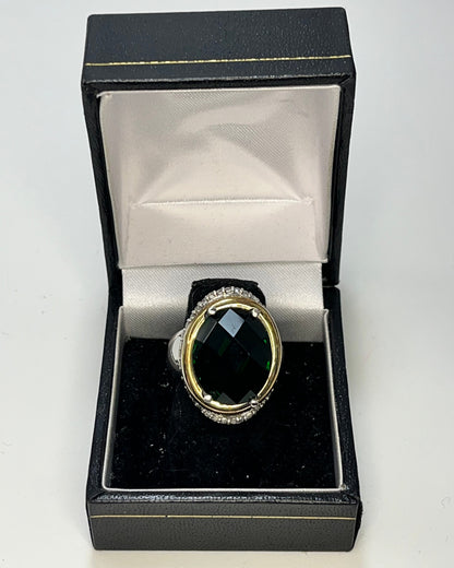 Anillo Cóctel Cristal Verde Oscuro Ovalado Oro-Plata