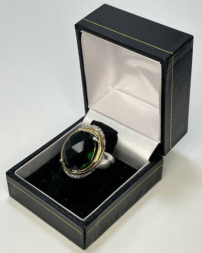 Anillo Cóctel Cristal Verde Oscuro Ovalado Oro-Plata
