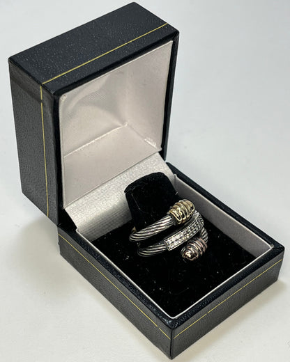 Anillo Cable Dos Tonos Centro Adiamantado Oro-Plata