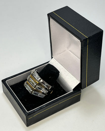 Anillo Cóctel Rayas Cristal Oro-Plata