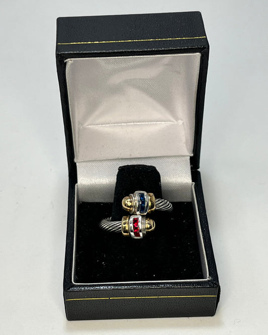 Anillo Cable Cristal Rojo y Azul Oro-Plata