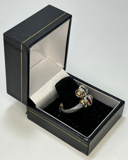 Anillo Cable Cristal Rojo y Azul Oro-Plata