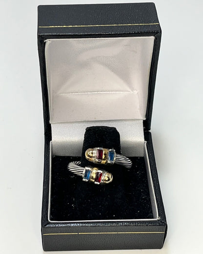Double Cable Red and Blue Crystal Ring Gold-Silver