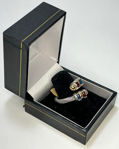 Double Cable Red and Blue Crystal Ring Gold-Silver
