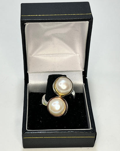 Two-Tone Double Pearl Cocktail Ring Gold-Silver
