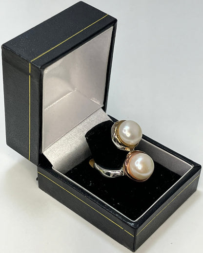 Two-Tone Double Pearl Cocktail Ring Gold-Silver