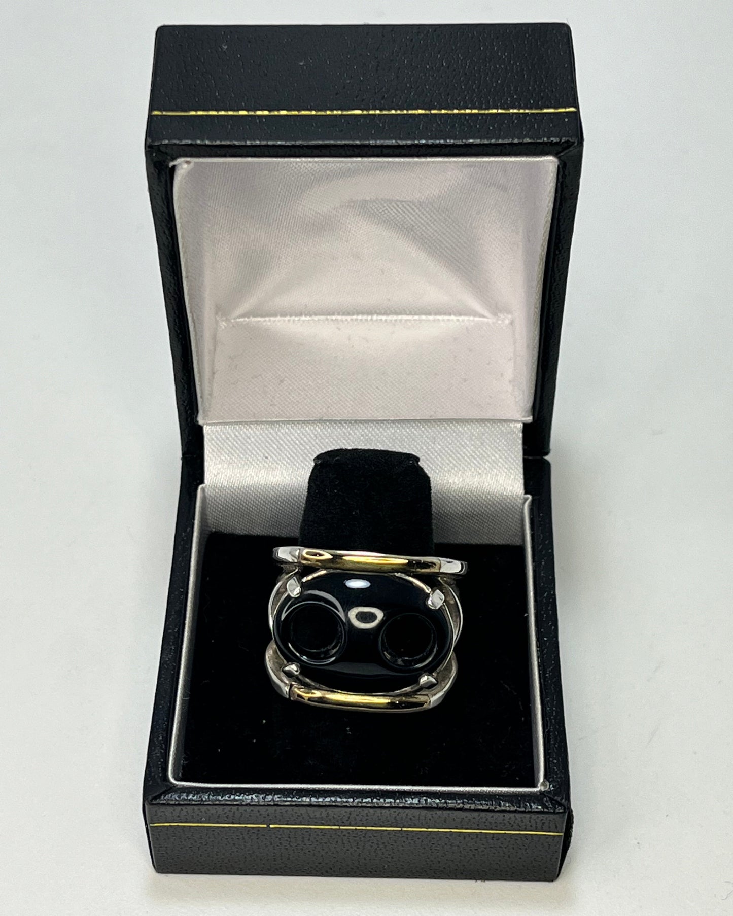 Anillo Cóctel Botón Negro Oro-Plata