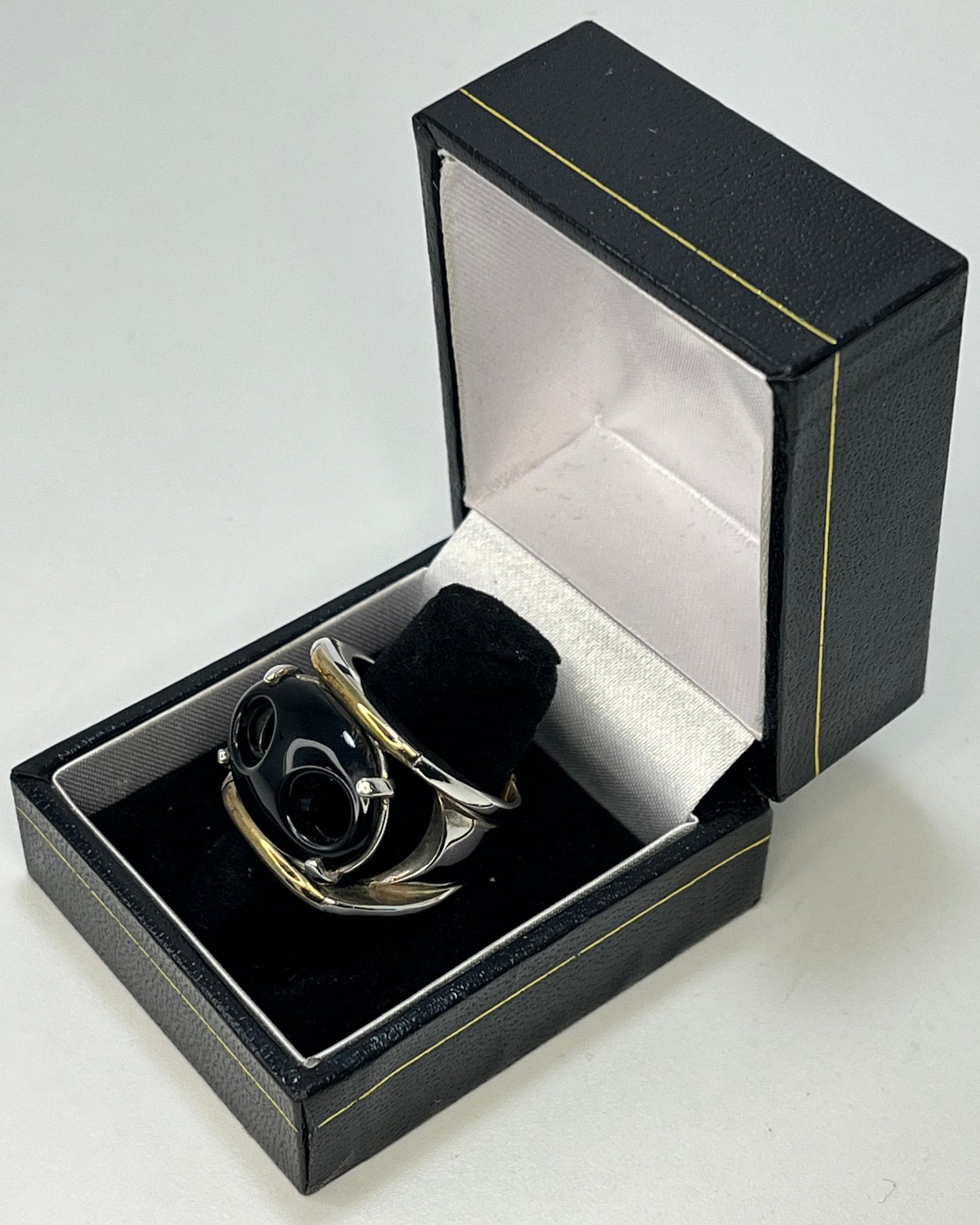 Anillo Cóctel Botón Negro Oro-Plata