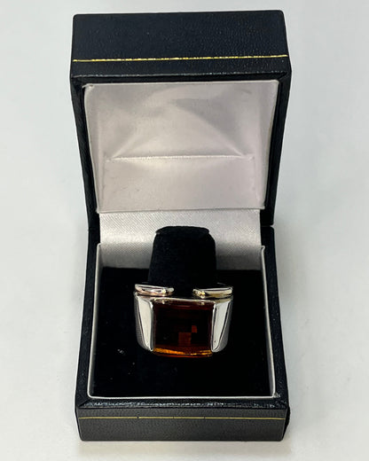 Two-Tone Orange Crystal Cocktail Ring Gold-Silver