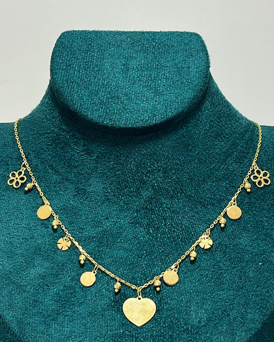 Heart and Flowers Charms Gold Choker Necklace 14K